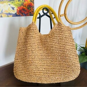 Tommy Bahama Woven Straw Tote Bag with Yellow Handles